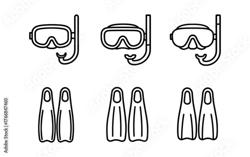 Minimalist diving gear set with snorkel and flippers in modern line art style