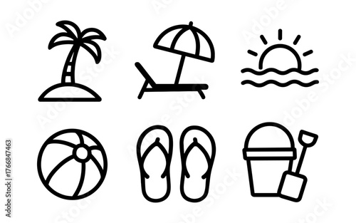 Minimalistic beach icons: summer, palm tree, sun, flip flops, and more in simple line art