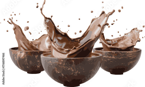 Vector art of three chocolate bowls with chocolate splash