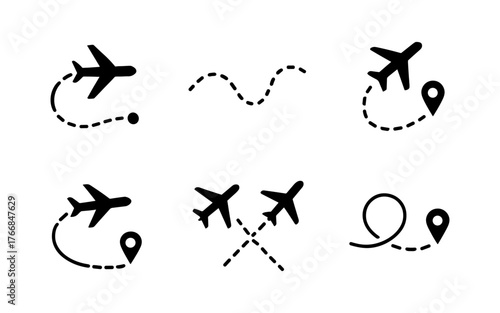 Airplane route icons with dotted path and location pin
