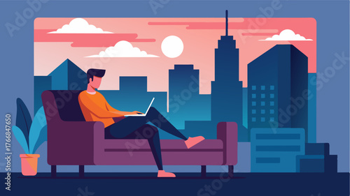 As the day winds down the workationer takes a moment to relax on the plush modern couch and admire the stunning city views.. Vector illustration