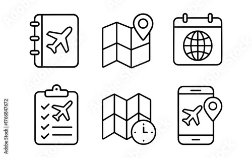 Travel planning icons set featuring maps, checklist, and smartphone markers in minimalist style