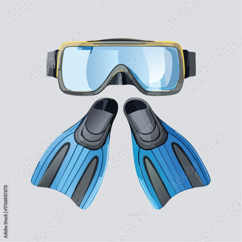 Scuba diving equipment illustration mask and blue fins on a light grey background