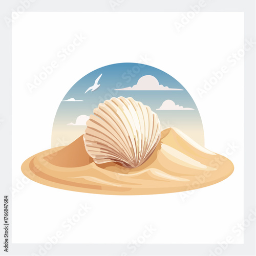 Seashell on sand dune illustration with blue sky and clouds design element