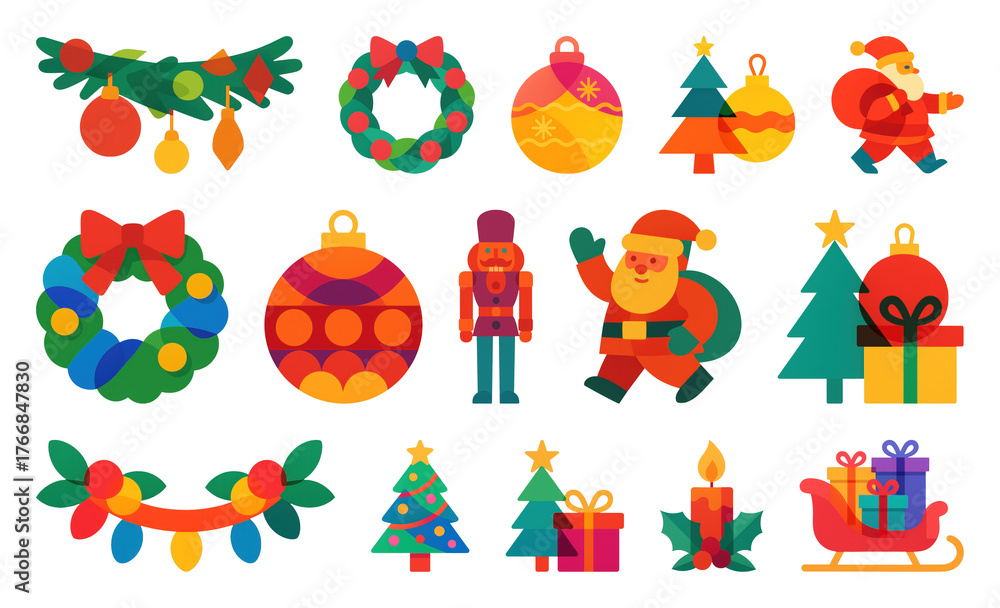 Fototapeta premium PNG Colorful festive Christmas icons, element set on transparent background