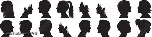 Silhouettes of diverse human head profiles, black illustration, hairstyle variety, facial shapes, character design, identity concept, side view, minimal style
