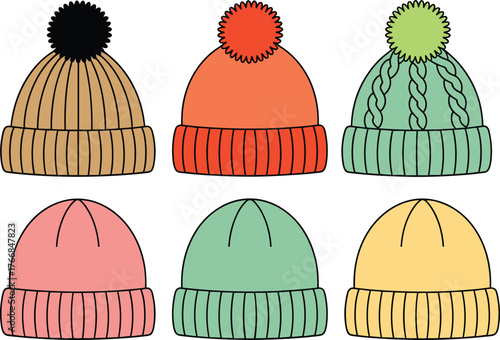 Winter hats with pom-poms and ribbed brims, colorful headwear collection sketch, fashion accessory vector, cad drawing flat vector illustration
