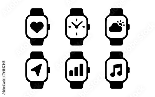 Minimalist smartwatch icons with health, time, weather, and music symbols
