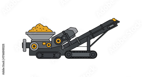 Industrial mobile crushing machine with conveyor belt and hopper full of material.