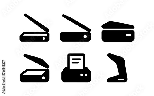 Silhouette icons of office scanners and multifunction printers