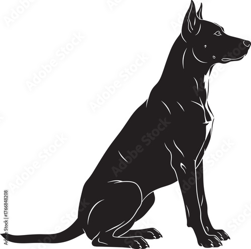 Silhouette of seated dog, black illustration, alert posture, muscular outline, pet design, animal icon, canine shape, obedience, loyalty, calm pose