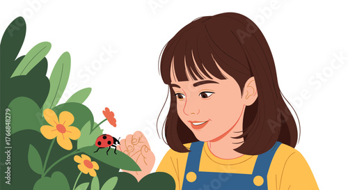 A young girl gazes with delight at a ladybug on a leaf in a garden setting, a scene of springtime wonder and natural beauty.
