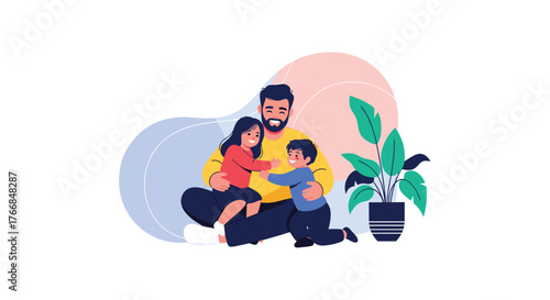 A joyful father embraces his happy daughter and son, sharing a loving moment of family bonding indoors with a houseplant nearby.
