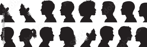Silhouettes of diverse human head profiles, black illustration, hairstyle variety, facial shapes, character design, identity concept, side view, minimal style