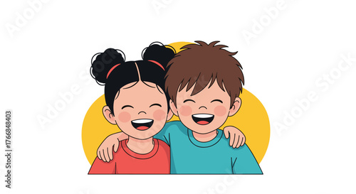 Joyful cartoon children, a girl and a boy, smiling and hugging, with a yellow circle behind them.