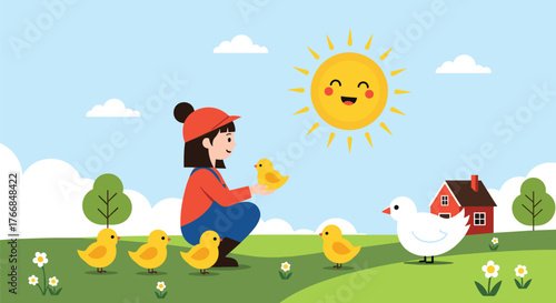 A girl in overalls and a red hat holds a chick while other chicks and a duck are nearby on a sunny farm day.