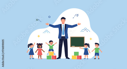 A teacher surrounded by diverse, happy children in a classroom setting, promoting education and inclusivity.