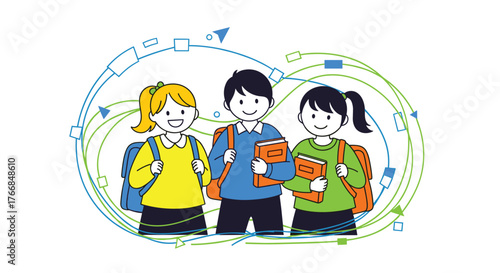 Illustration of smiling students with backpacks holding books, surrounded by abstract blue and green geometric lines.