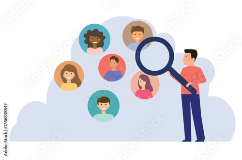 business searching people profile for job hiring. with a businessman standing holding a magnifying glass
