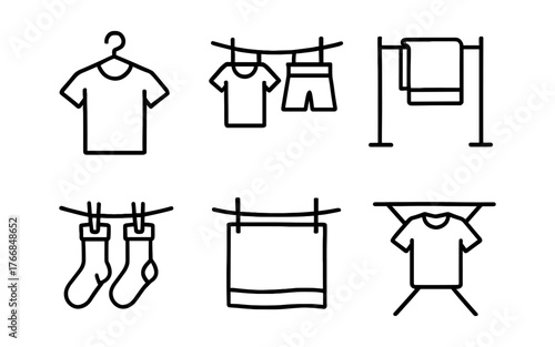Minimalist laundry icons set: clothes, towels, and socks on lines and racks
