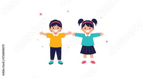 Two cheerful elementary school children, a boy and a girl, stand smiling with their arms wide open, inviting connection and fun.