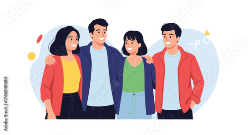 A diverse group of friends smiling and embracing, symbolizing friendship and togetherness.