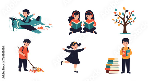Illustrations of children enjoying various activities like flying, reading, playing, and learning.