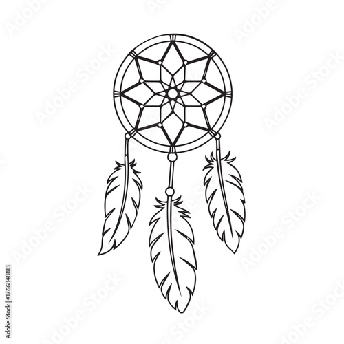 Dreamcatcher Native American Symbol With Feathers, Mystical Indigenous Art Illustration