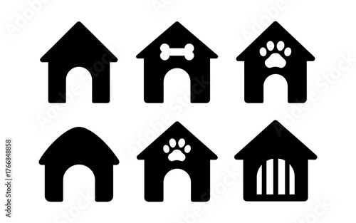 Set of dog kennel icons with paw and bone motifs in black silhouette style