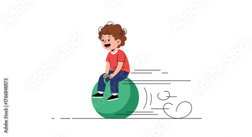 A joyful cartoon boy with curly brown hair rides a green hopper ball with motion lines indicating speed.