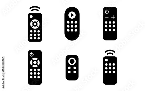 Collection of black remote control icons in silhouette style for multimedia devices