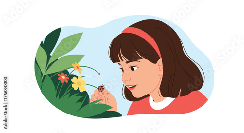 Girl observing a ladybug with flowers in a garden, capturing a moment of curiosity and connection with nature in a soft, illustrative style.