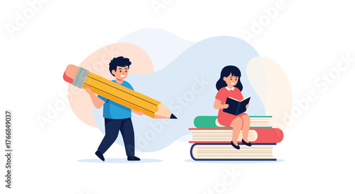 Illustration of a boy holding a pencil and a girl reading books, education concept, and learning time.