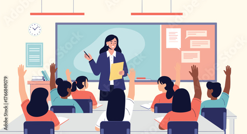 Enthusiastic students with raised hands in the classroom engaging with a teacher presenting a lesson near a blackboard.