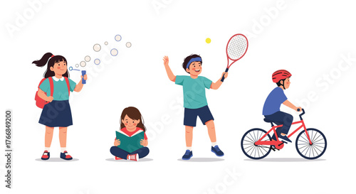 Children engaging in various activities like reading, playing tennis, riding a bike, and blowing bubbles, representing a diverse range of childhood experiences.