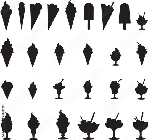 Black silhouette collection of various ice cream desserts