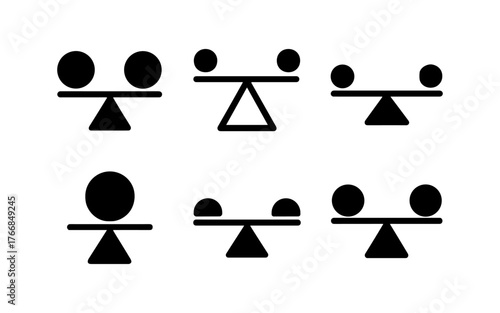 Minimalist balance icons with circles and triangles on see-saws in black silhouette style
