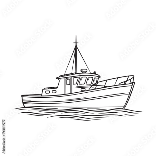 A classic commercial fishing boat or trawler illustrated in a clean black and white line art style, floating on the water waves