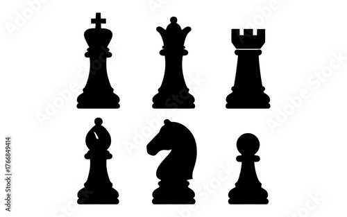 Chess piece silhouettes set: classic collection of king, queen, rook, bishop, knight, pawn