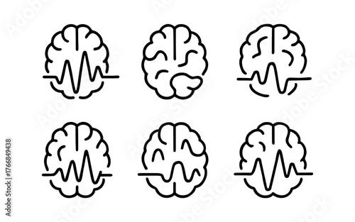 Minimalist brain icons with heartbeat lines in a linear style