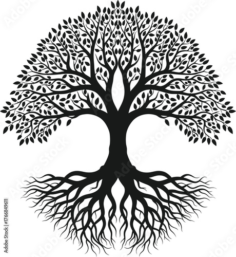 Minimalist Tree of Life Logo - Simple Black Silhouette with Sparse Branches in Circular Vector Design