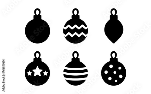 Set of festive black silhouette christmas ornaments on white background