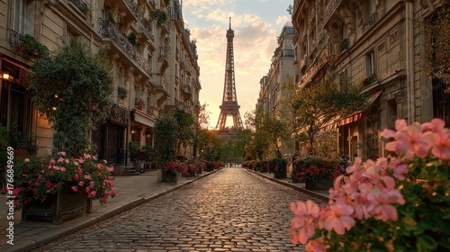 Charming street view of Paris with blooming flowers and the Eiffel Tower at sunset in the background