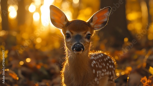 Close-up of a curious spotted fawn's face in a sunlit forest deer young deer photo