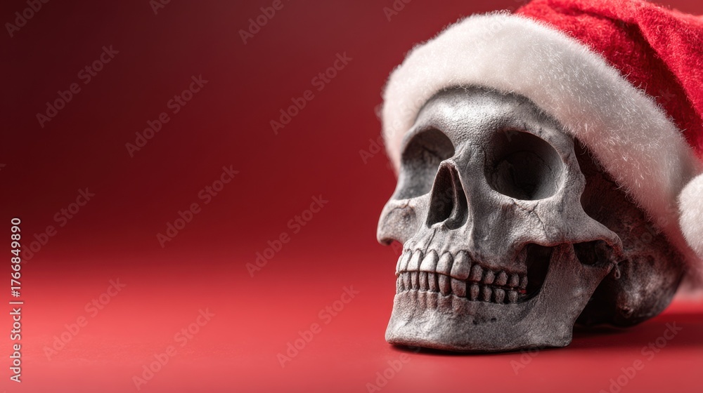 Obraz premium Skull Wearing Santa Hat Against Red Background
