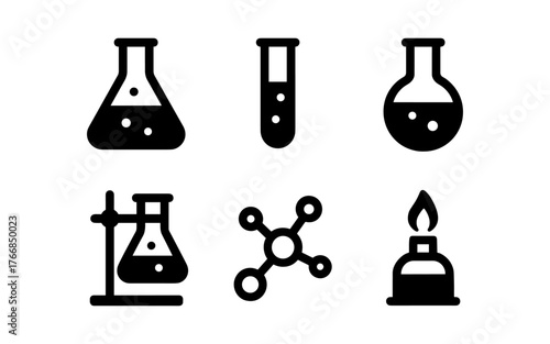 Flat science icons set: lab equipment, molecule, bunsen burner