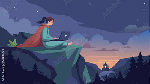 As dusk sets in the freelancer cozies up in her sleeping bag on the edge of a cliff overlooking the plantation editing photos for her online portfolio with the help of a lantern.. Vector illustration