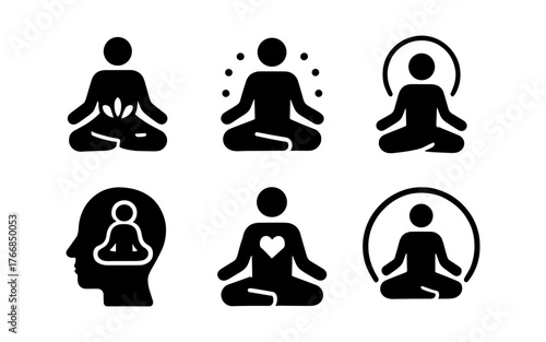 Minimalist meditation icons set featuring silhouette figures in yoga poses