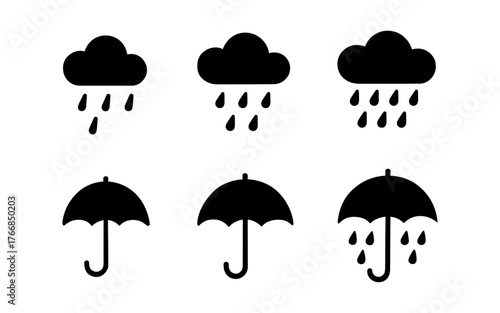 Minimalist weather icons: cloud and umbrella silhouettes with raindrops