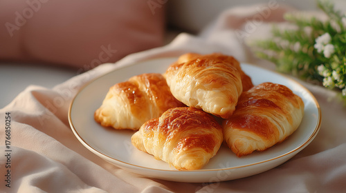 A stack of mini croissants on a white plate with golden highlights.
